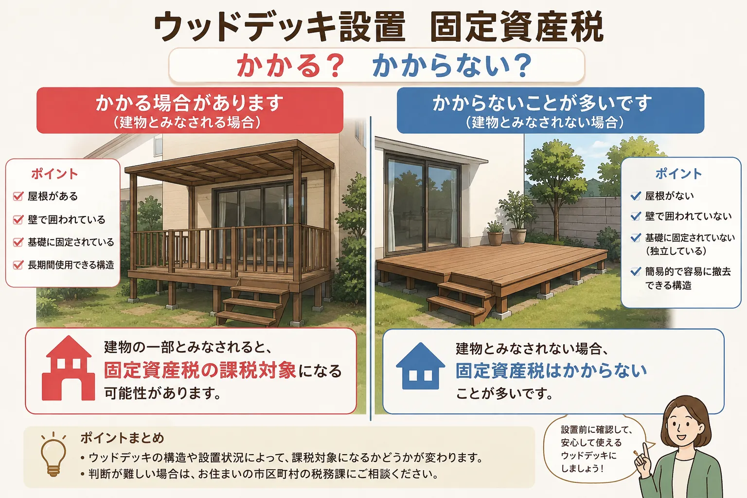 ウッドデッキを居住区に設置する際の固定資産税や建築法規・課税対象の判断基準を徹底解説